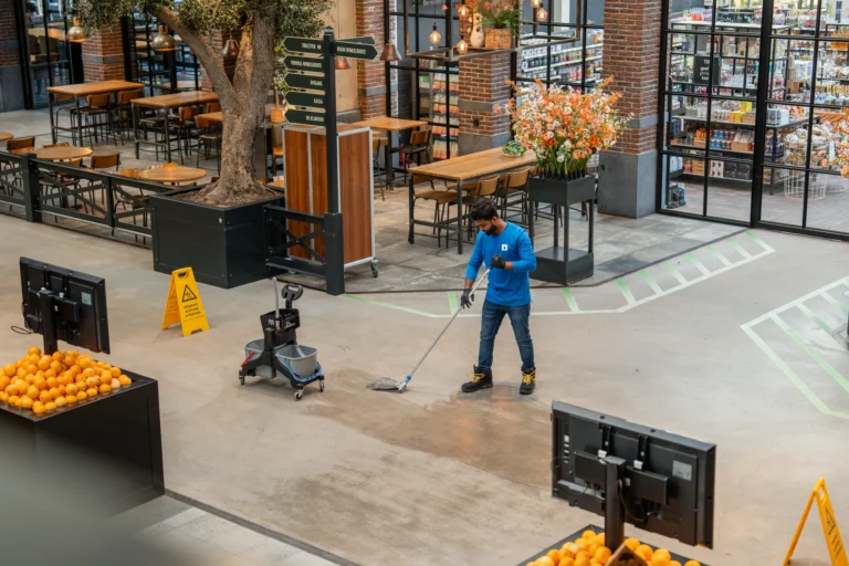 Medewerker reinigt de vloer van een winkel