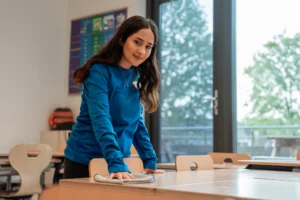 Schoonmaakster van SMB Duiven maakt een tafel schoon in een leslokaal