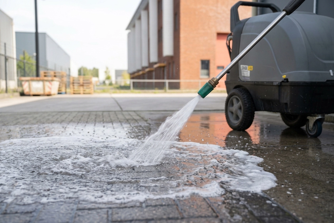 Bestrating wordt gereinigd met een hogedrukreiniger