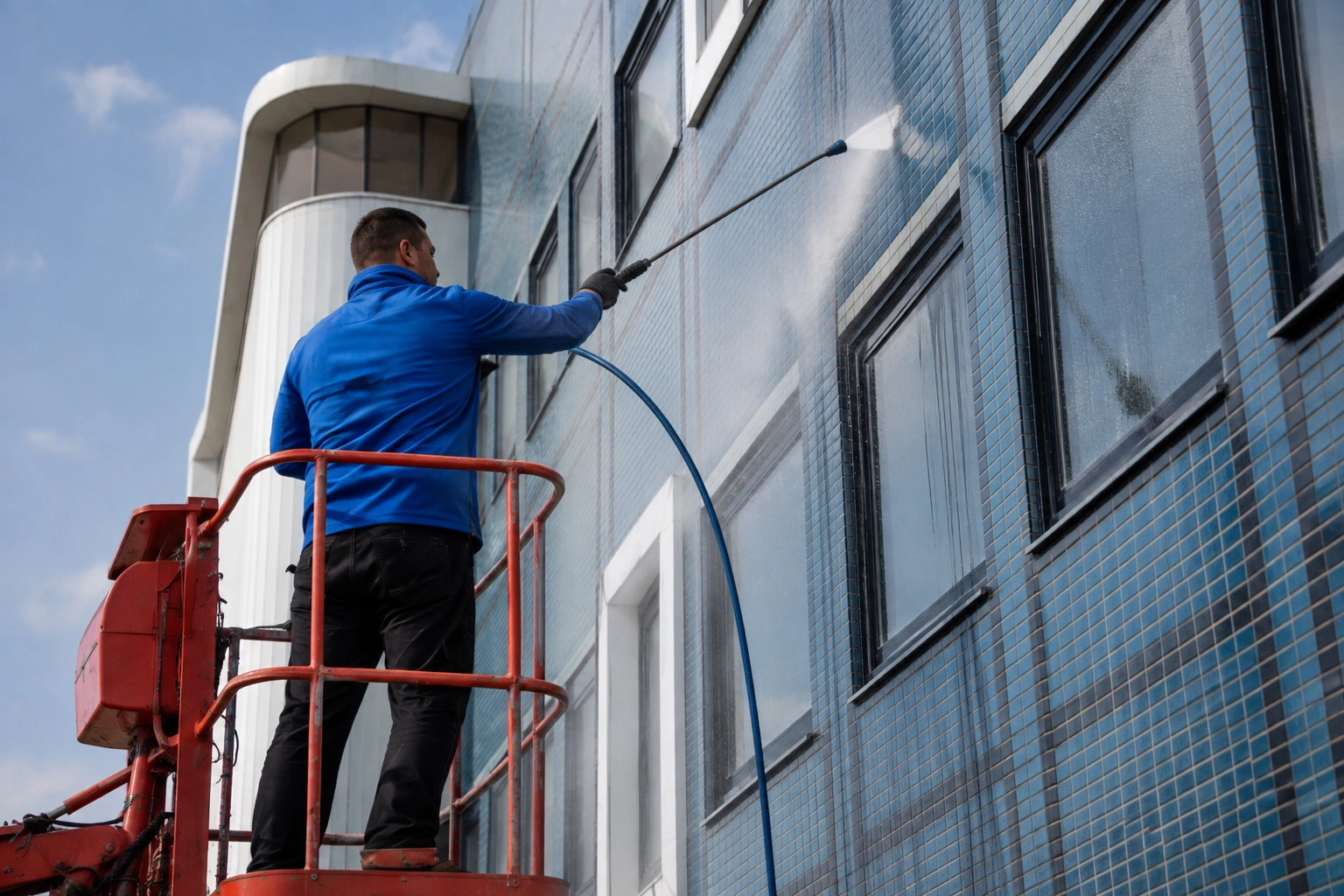 Medewerker reinigt een gevel vanaf een hoogwerker