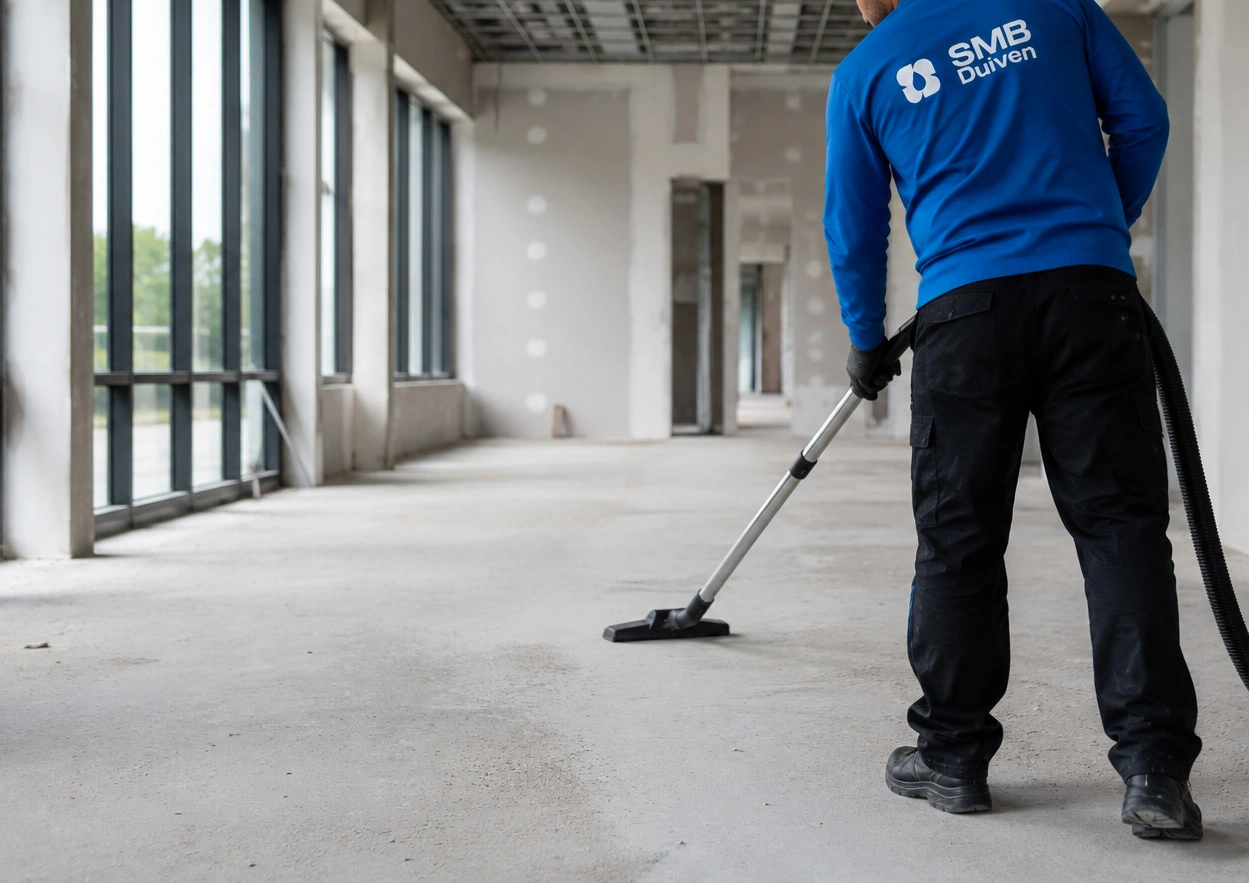 Medewerker dweilt de vloer van een opgeleverd pand