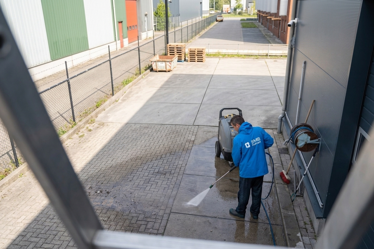 Medewerker van SMB Duiven veegt het terrein bij een bedrijfspand